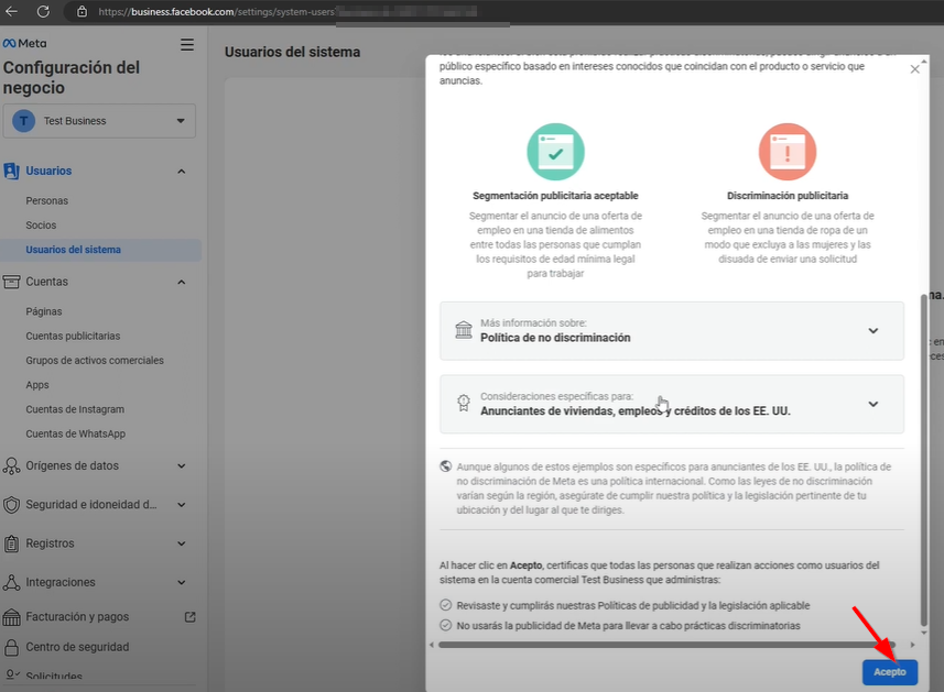 Damos click en aceptar los terminos y condiciones