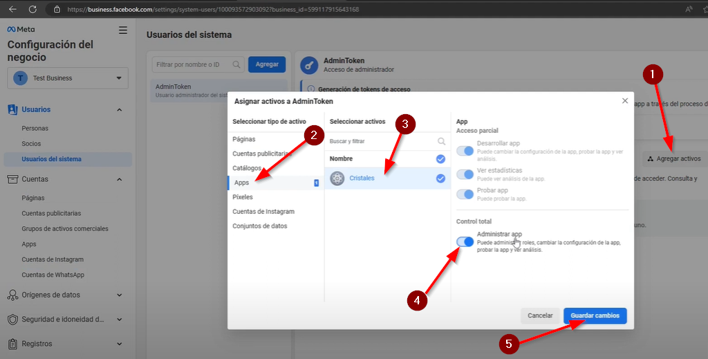 1.- Damos click en agregar usuario 2.- Seleccionamos app 3. Seleccionamoas la app. 4.-Damos click en Administrar la app. 5.- click en guardar la cambios