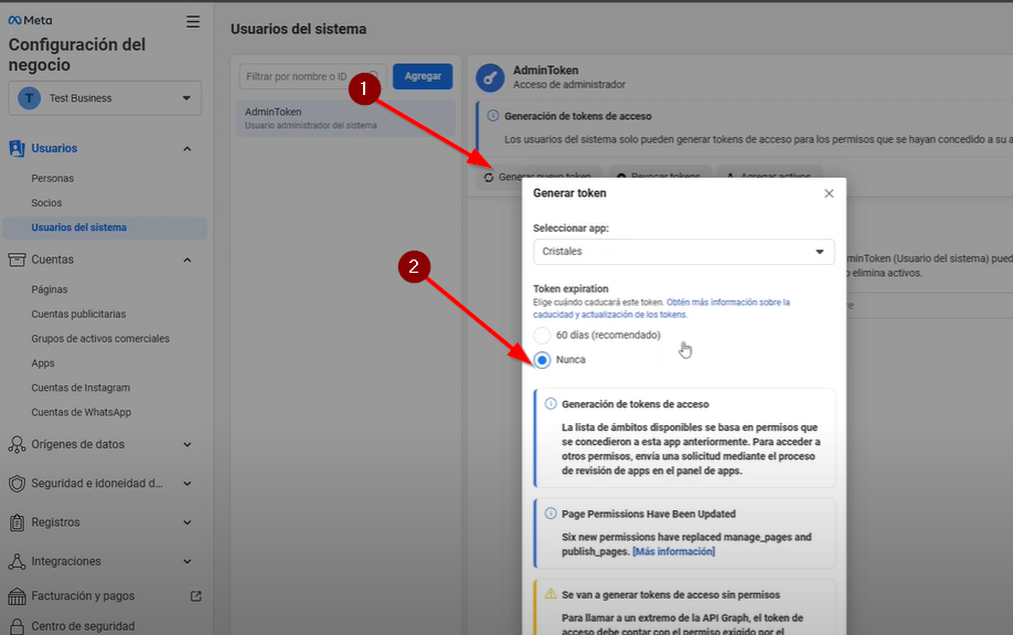 1.- Damos click en Generar token 2.-Seleccionamos que nunca caduque