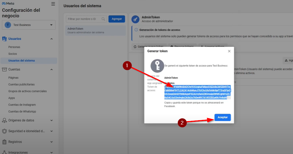 copiamos el token y aceptar