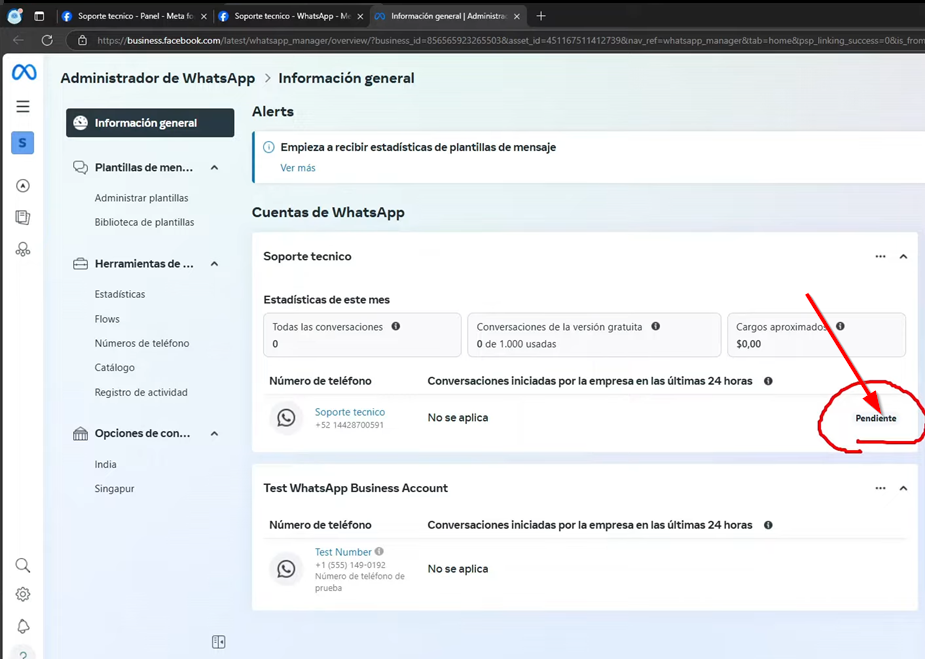 Si después vamos a Informacion de la cuenta y en Informacion general veremos nuestro numero pendiente