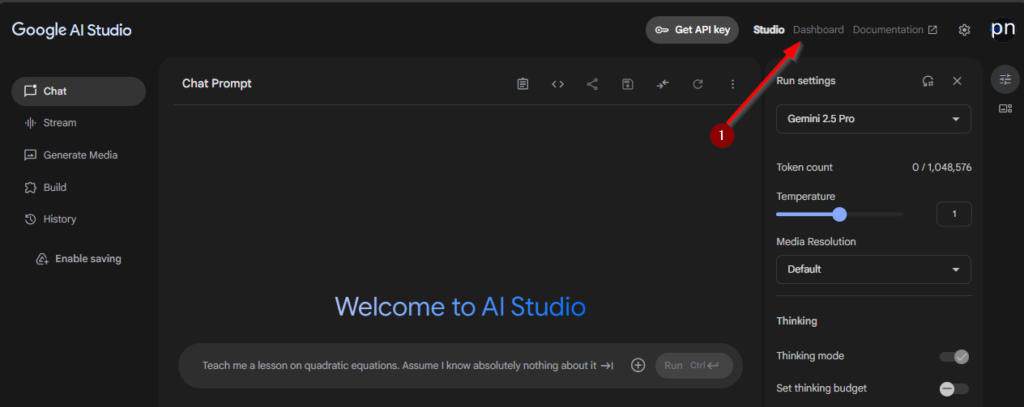 Vamosa https://aistudio.google.com/ y despues damos click en DashBoard