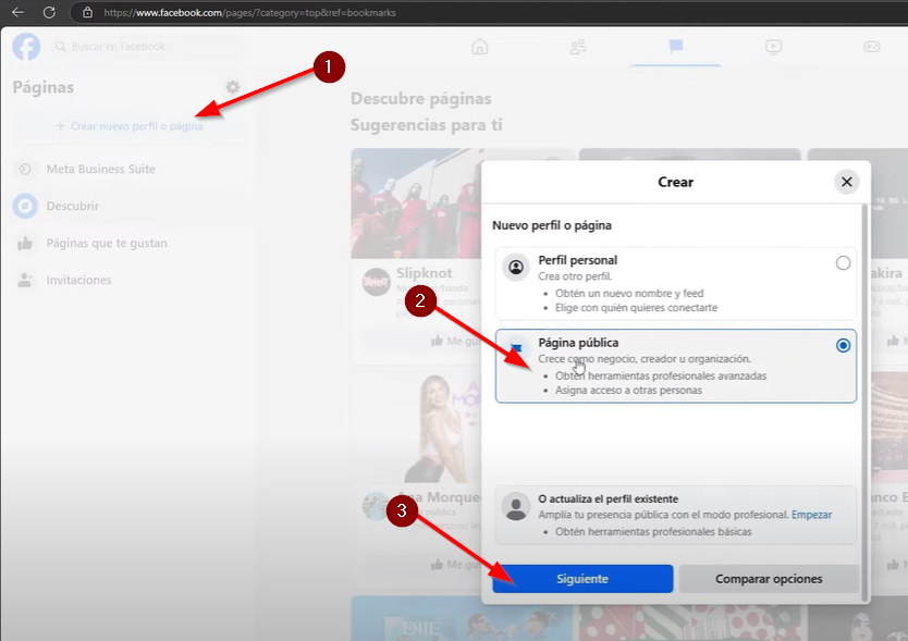 Damos click en crear nuevo perfil o pagina
