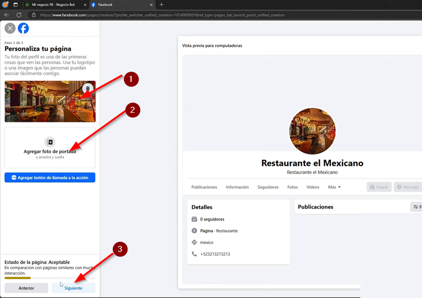 Agregamos una foto de de perfil de nuestro negocio en de FaceBook y siguiente