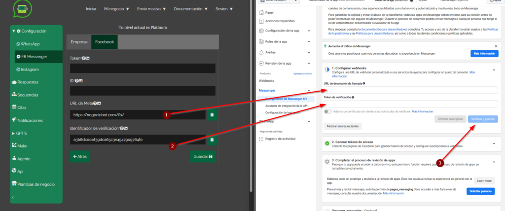 1.- Pegamos el "URL de devolución de llamada" de Negociobot a Meta 2.- igual para el "Token de verificación" 3.- click en Guardar