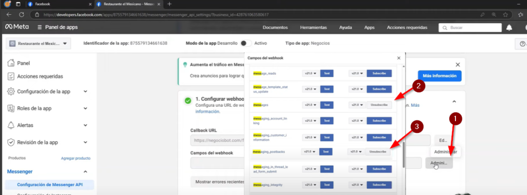 Dsmos click en Administrar Campos de webhooky activamos messages y messageing_postback