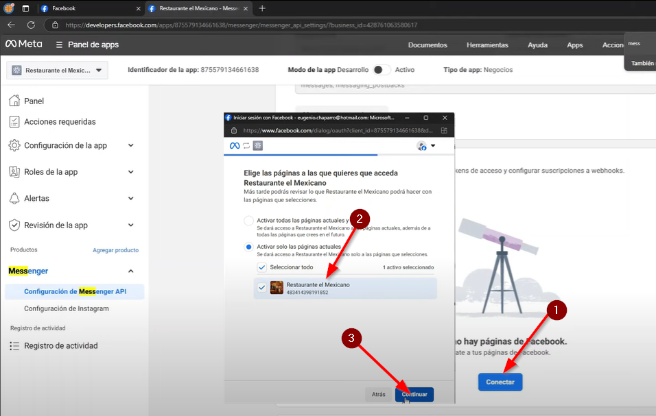 Vajamos hasta conectar con una pagina de FaceBook, seleccionamos la pagina y click en conectar.