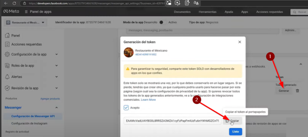 Click en Generar y copiamos el token generado