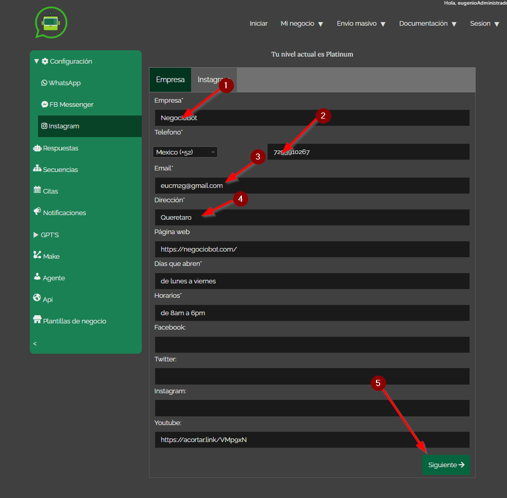 Agregamos la infomacion obligatoria de nuestro negocio y damos click en siguiente