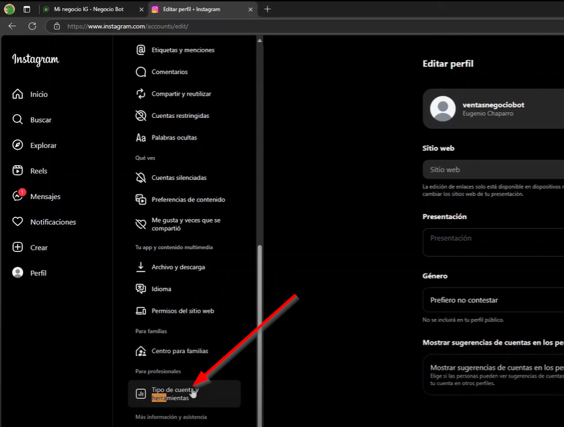 Damos click en tipo de configuracion