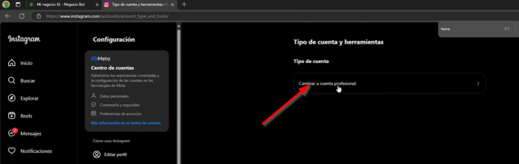 Damos click en Cambiar a cuenta profecional