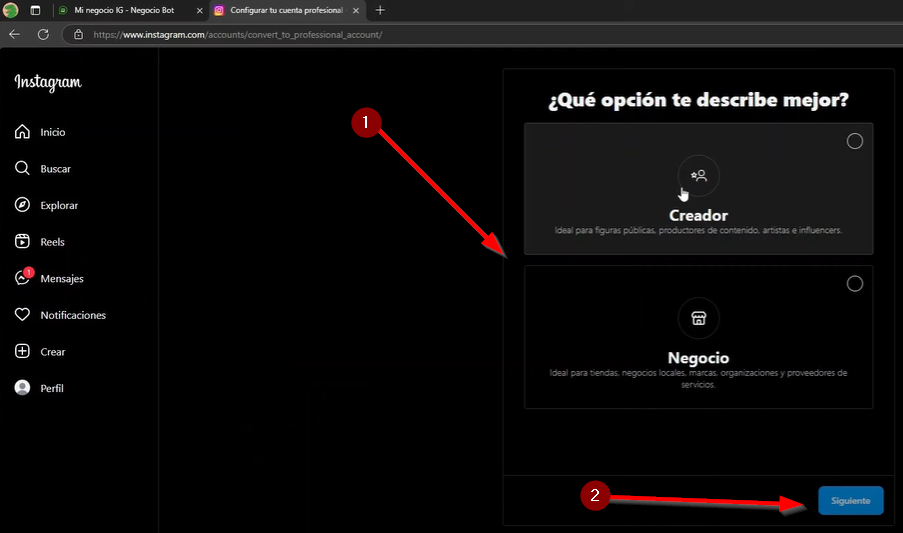 Seleccionar Creador o Negocio y siguiente