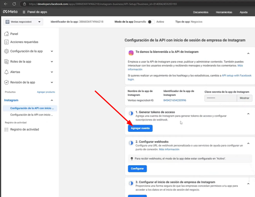 Damos click en agregar cuenta de instagram