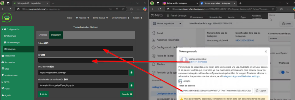 Pegamos el token y el id de la app de instagram en negociobot