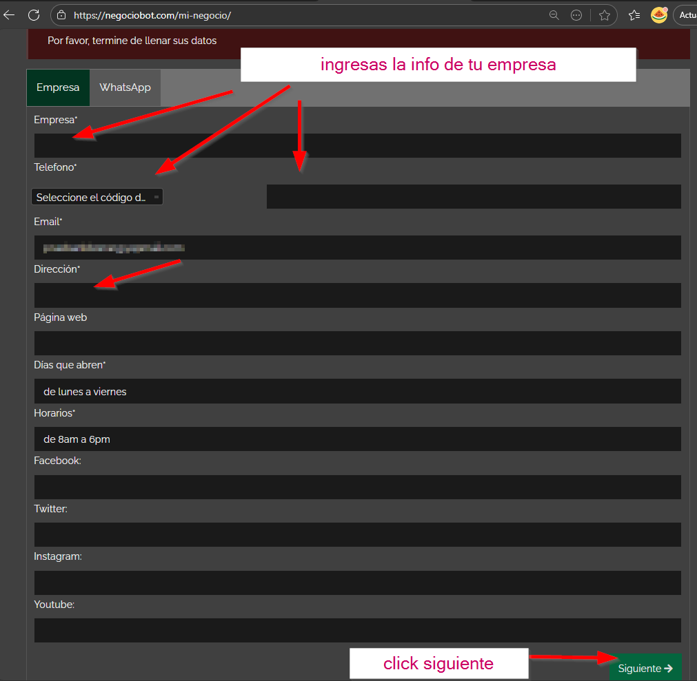 ingresas la info de tu empresa