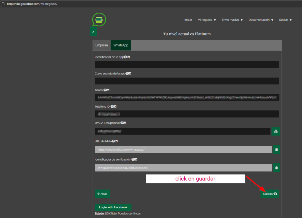 En negocio Bot damos click en guardar