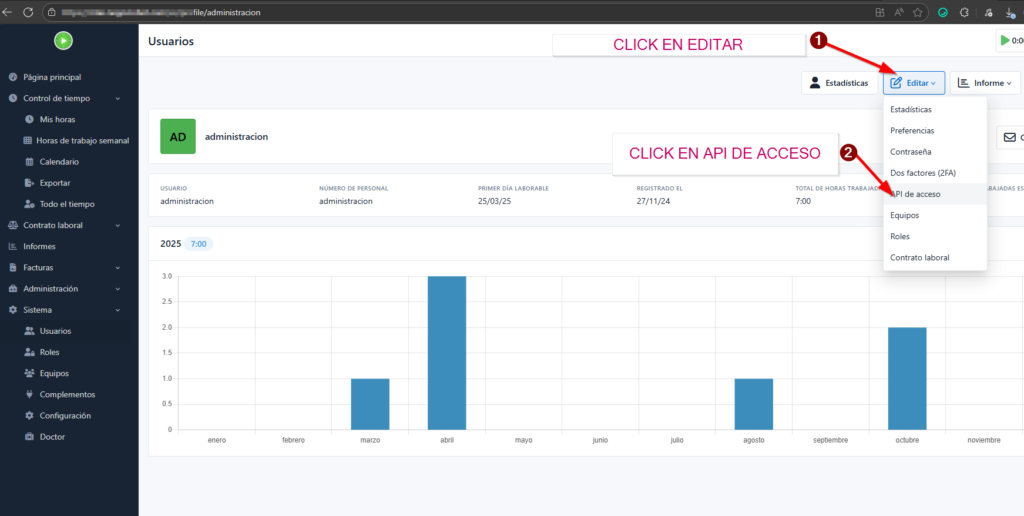 CLICK EN EDITAR Y CLICK EN API DE ACCESO