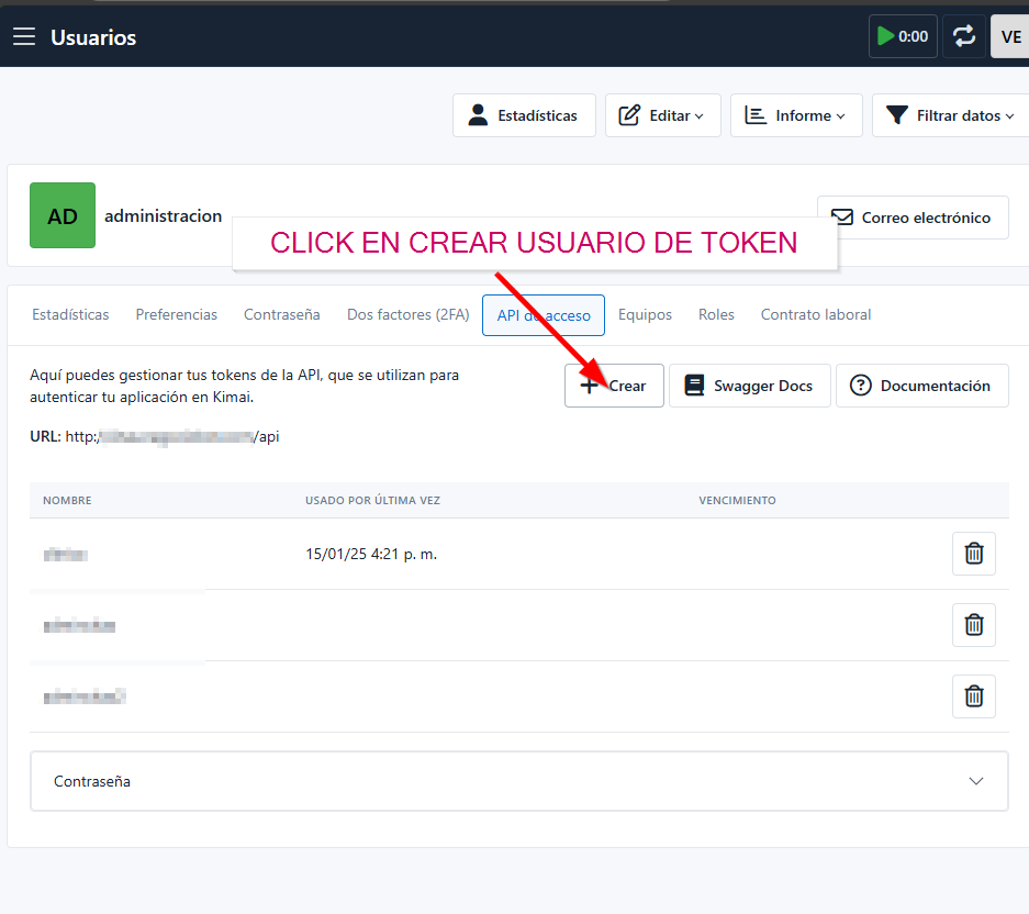 EN KIMAI DENTRO DEL USUARIO CLICK EN CREAR USUARIO DE TOKEN