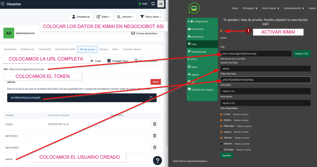 COLOCAR LOS DATOS DE KIMAI EN NEGOCIOBOT ASI