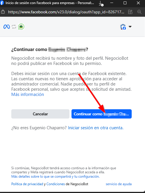 Damos click en continuar como "Tu nombre de usuario"