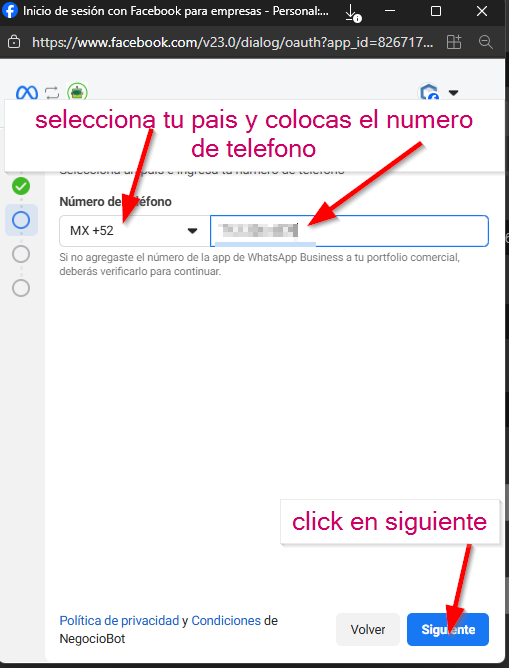 selecciona tu pais y colocas el numero de telefono